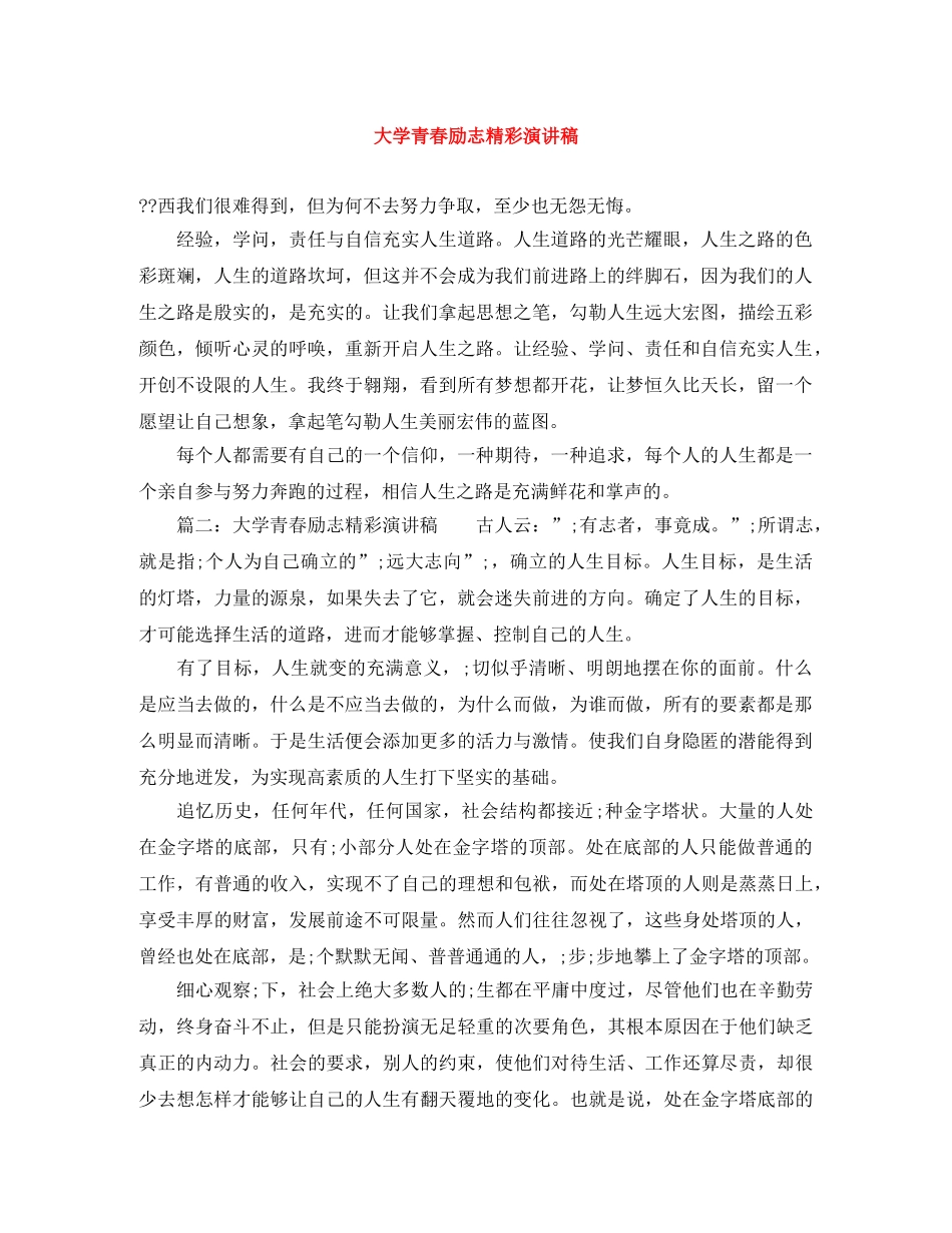 大学青春励志精彩演讲稿 _第1页