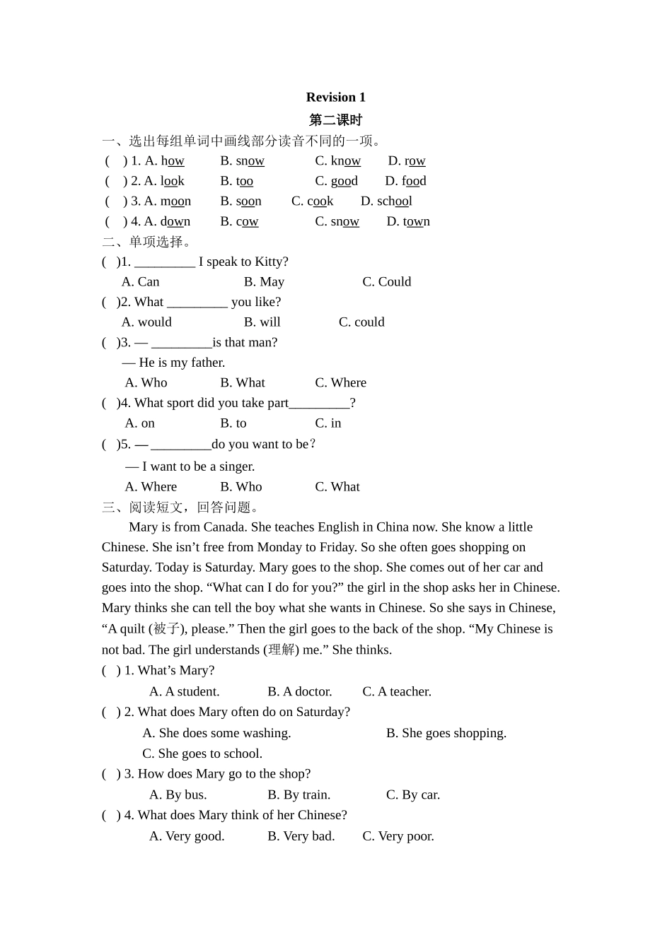 陕旅版六年级下册Revision-1课时练习题及答案第二课时_第1页
