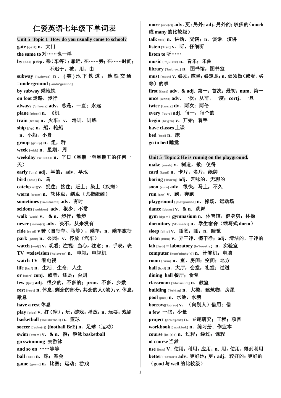 仁爱英语七年级下册单词表(与音标)_第1页