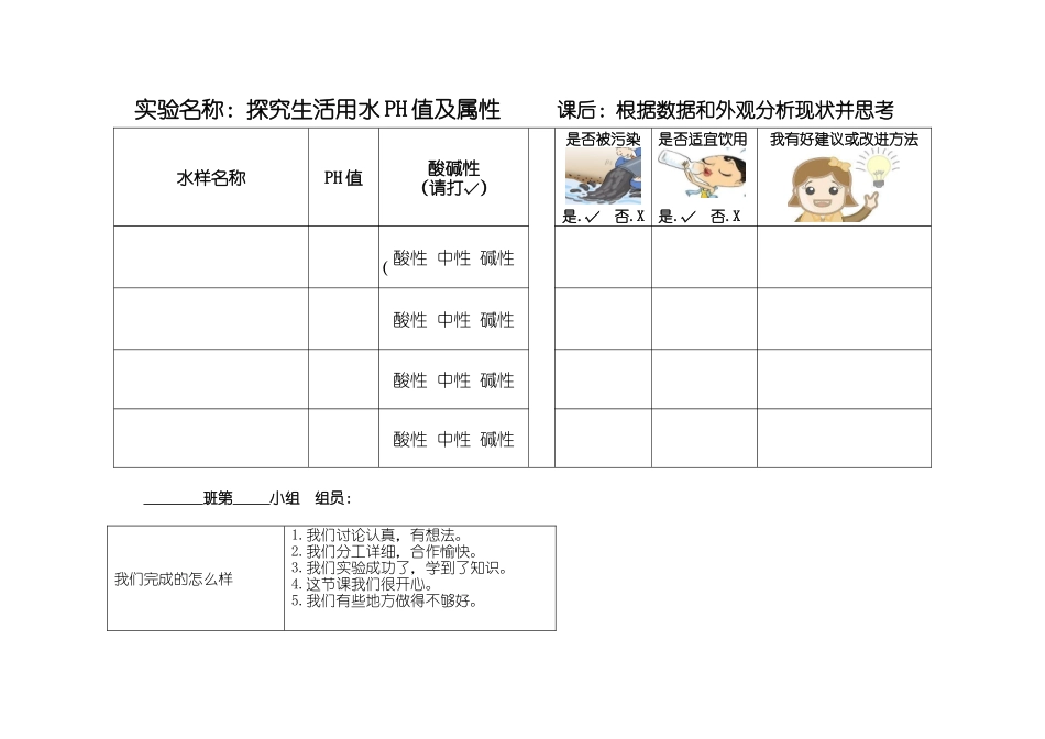 探究生活用水PH值及属性实验记录表_第1页