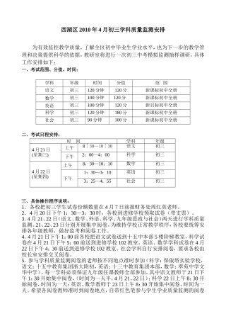 西湖区2010年4月初三学科质量监测安排