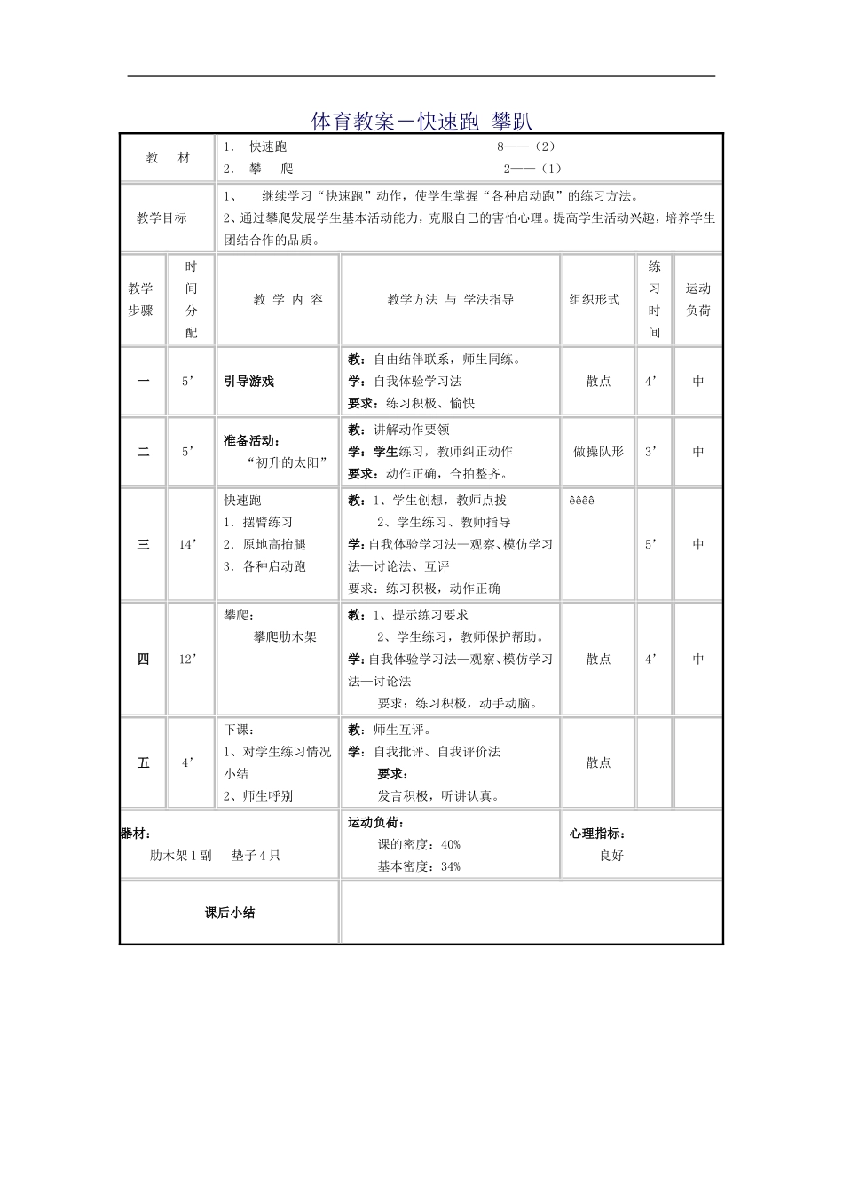 体育教案-快速跑攀趴_第1页