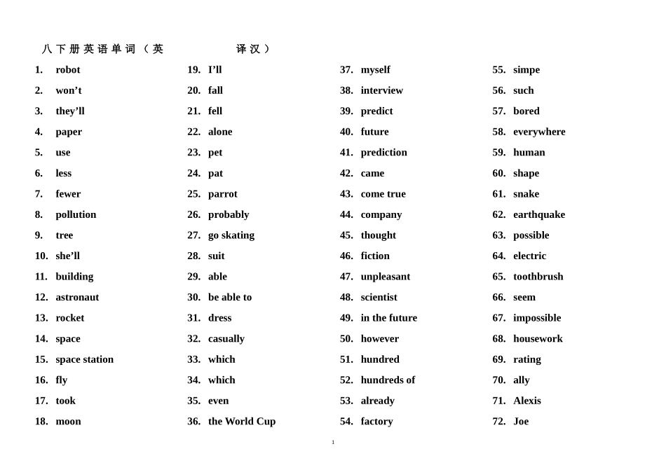 新目标八年级下单词词组练习卷(英译汉卷)_第1页