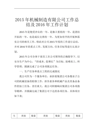 2015年泰和安机械制造有限公司工作总结及2016年工作计划