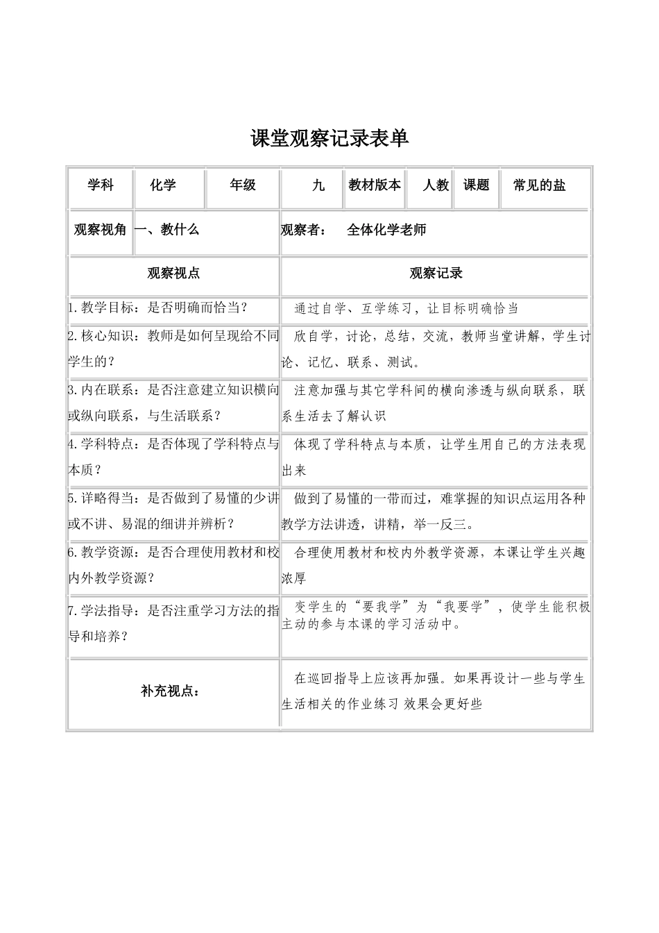 【学员】课堂观察记录表单刘瑞琴_第1页