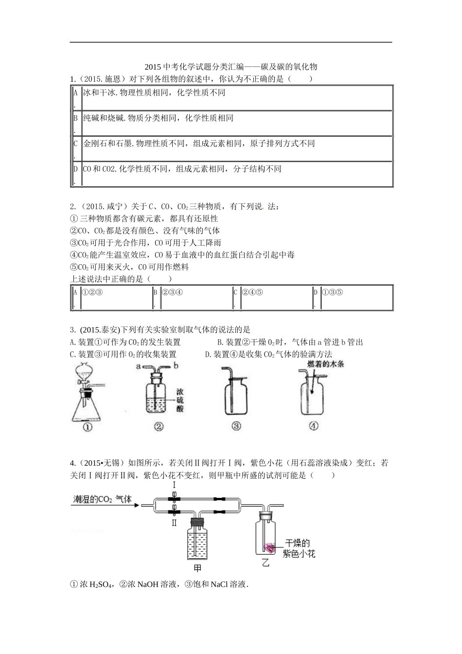 2015中考化学试题分类汇编碳和碳的氧化物_第1页