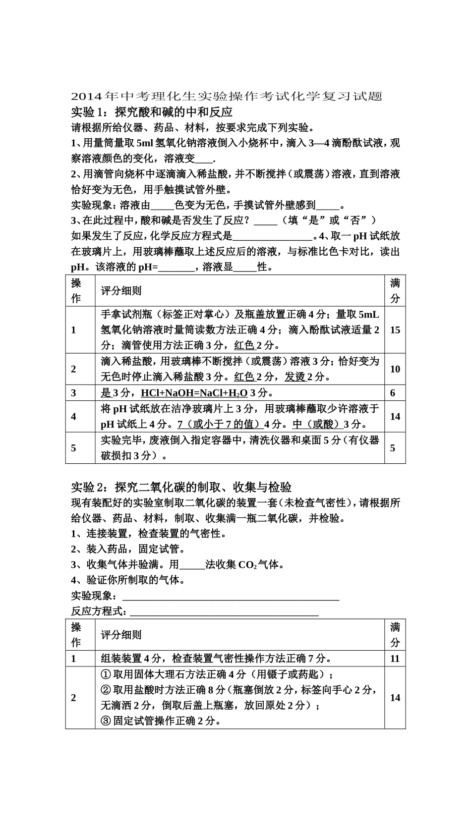 2014年中考理化生实验操作考试化学复习试题2_第1页