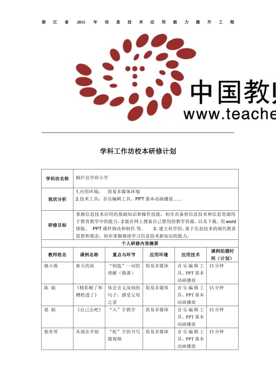 桐庐学府小学学科工作坊校本研修计划(学科工作坊坊主填写)_第1页