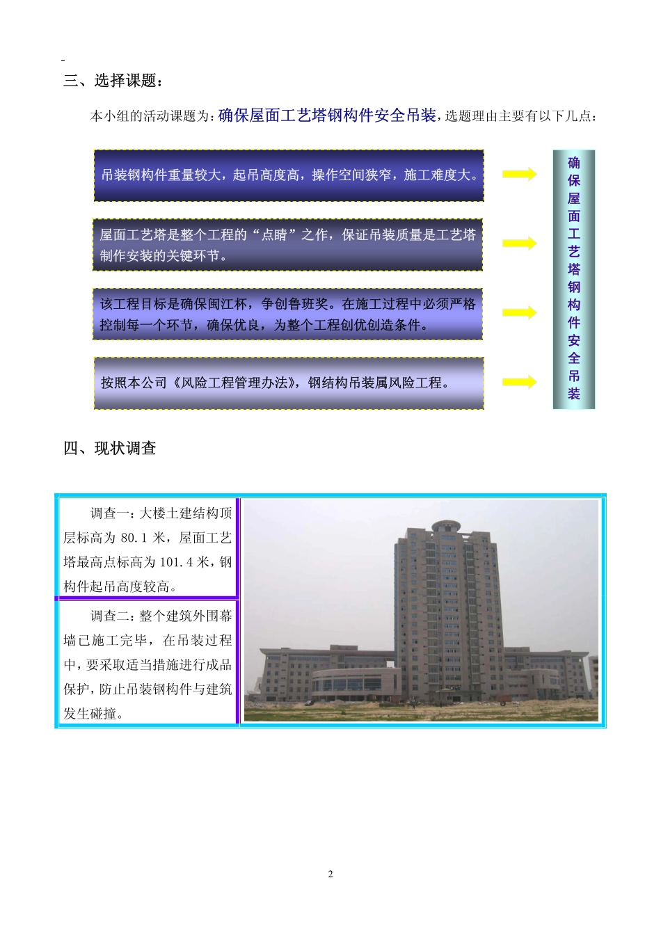 确保屋面工艺塔钢构件安全吊装QC_第2页