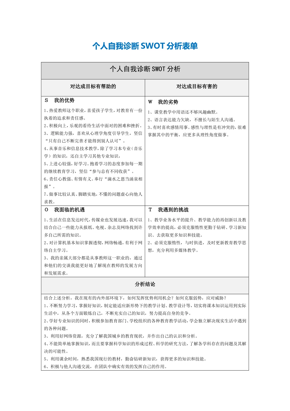 林婷自我诊断SWOT分析表_第1页