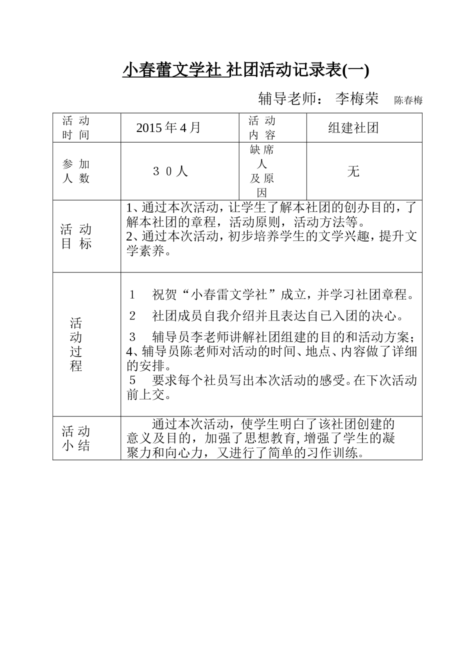 小春蕾文学社-社团活动(一)记录表_第1页