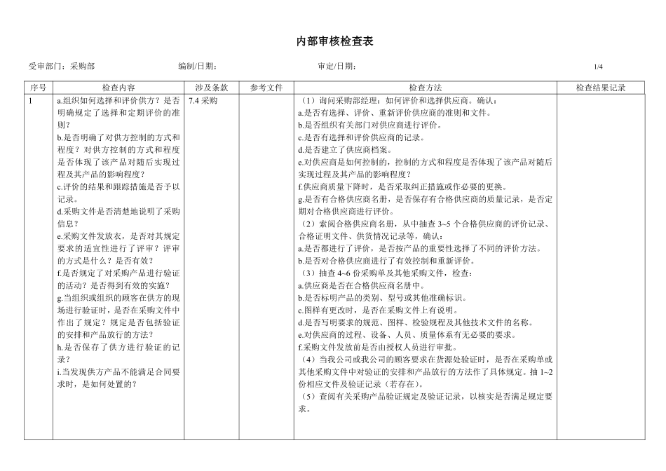 内部审核检查表-采购部_第1页