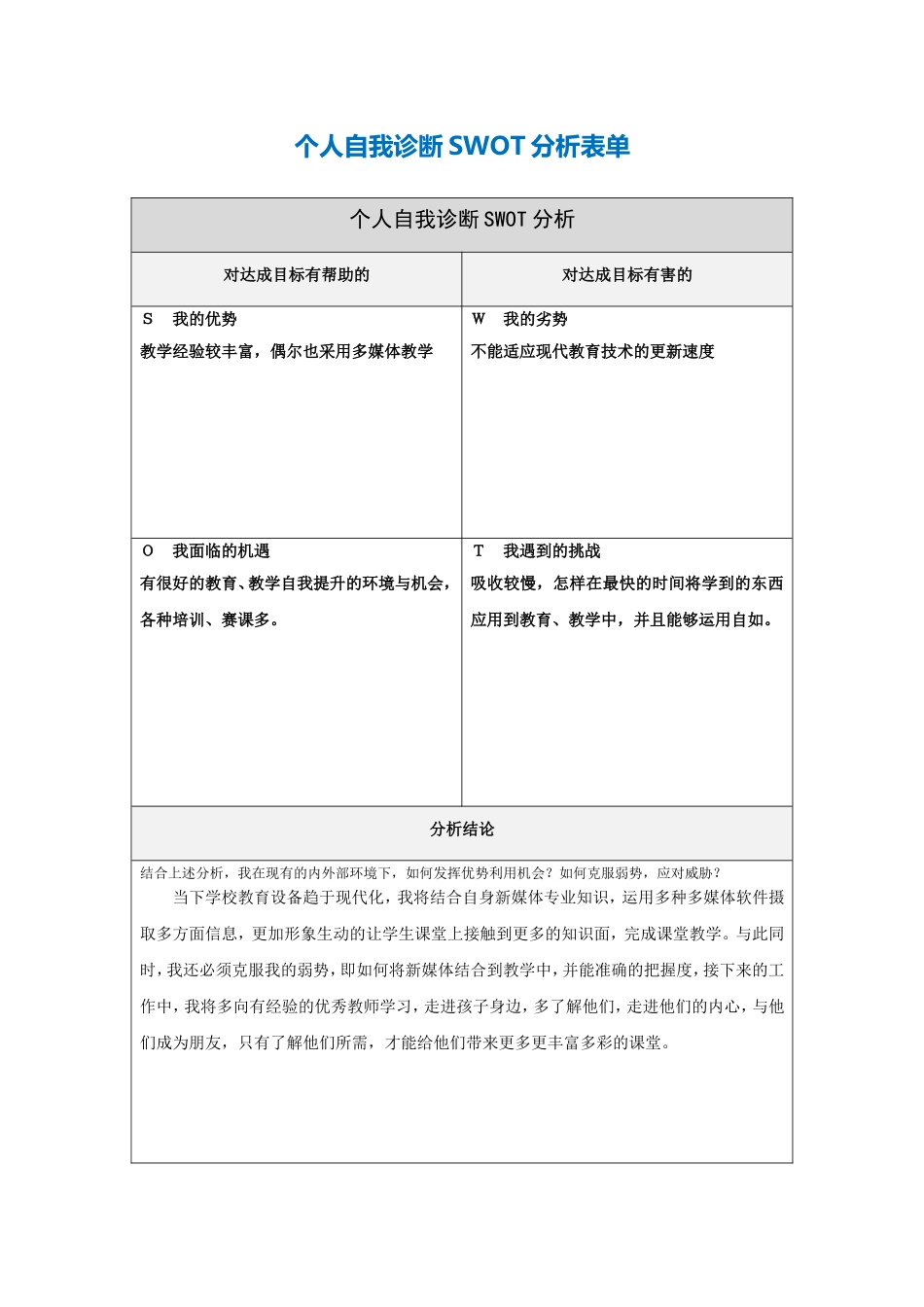 代玉林个人自我诊断SWOT分析表_第1页