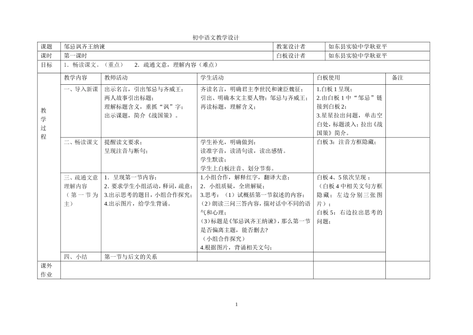 邹忌讽齐王纳谏教学设计_第1页