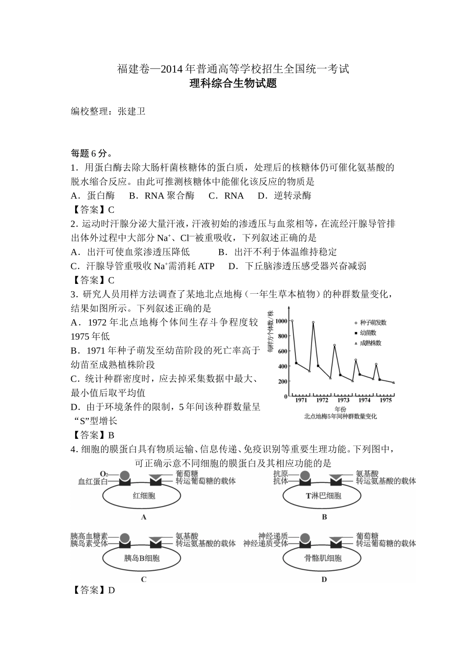 福建卷-2014年普通高等学校招生统一考试-理科综合生物试题_第1页