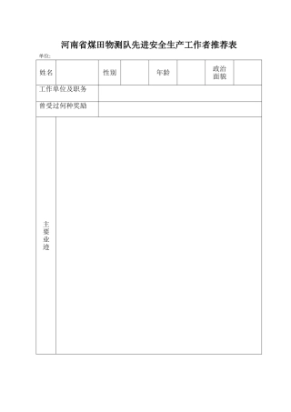 河南省煤田物测队先进安全生产工作者推荐表