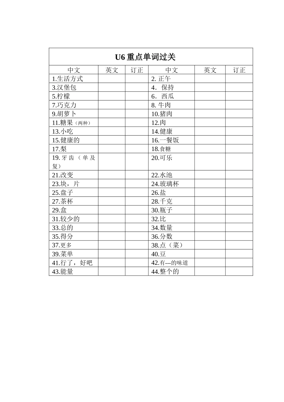 U6重点单词、词组过关_第1页
