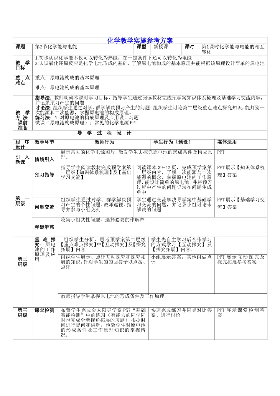 《化学能与电能的相互转化》(第1课时)教师教学实施方案_第1页