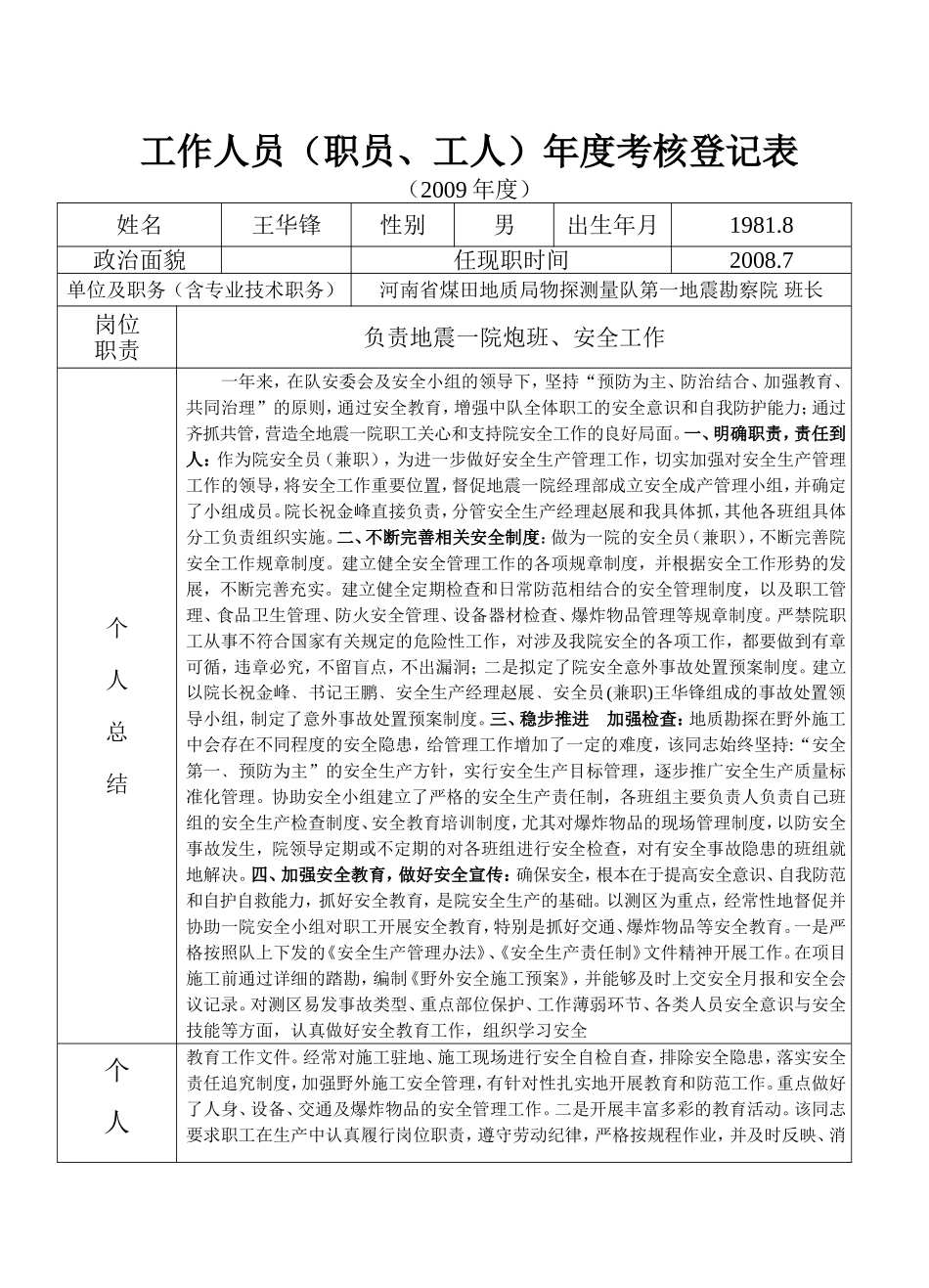 地质队技术人员及管理层年度考核表考核表(王华锋)_第1页