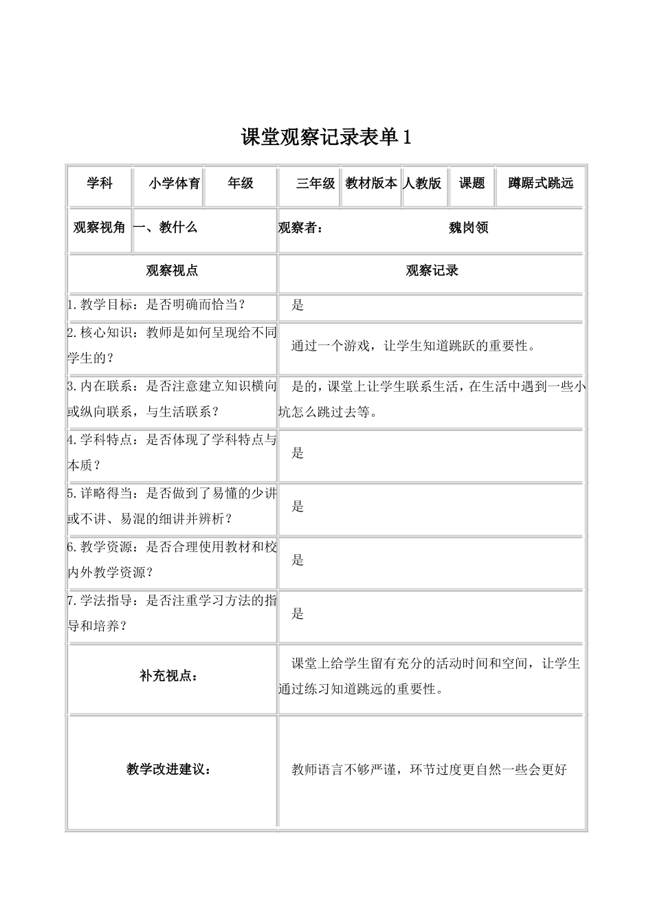 【学员】课堂观察记录表单tiyu_第1页