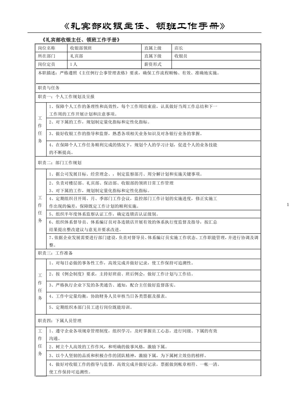礼宾部收银主任、领班工作手册_第1页