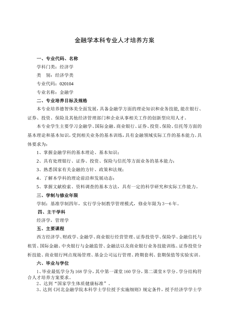 金融学本科专业人才培养方案_第1页