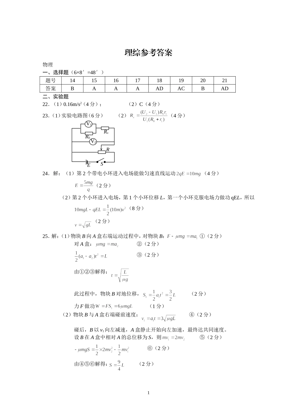 五月模拟理综参考答案_第1页