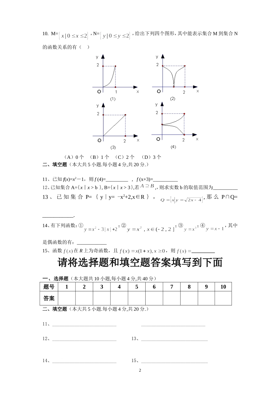 浏阳八中高一月考数学试卷与答卷2014年下_第2页