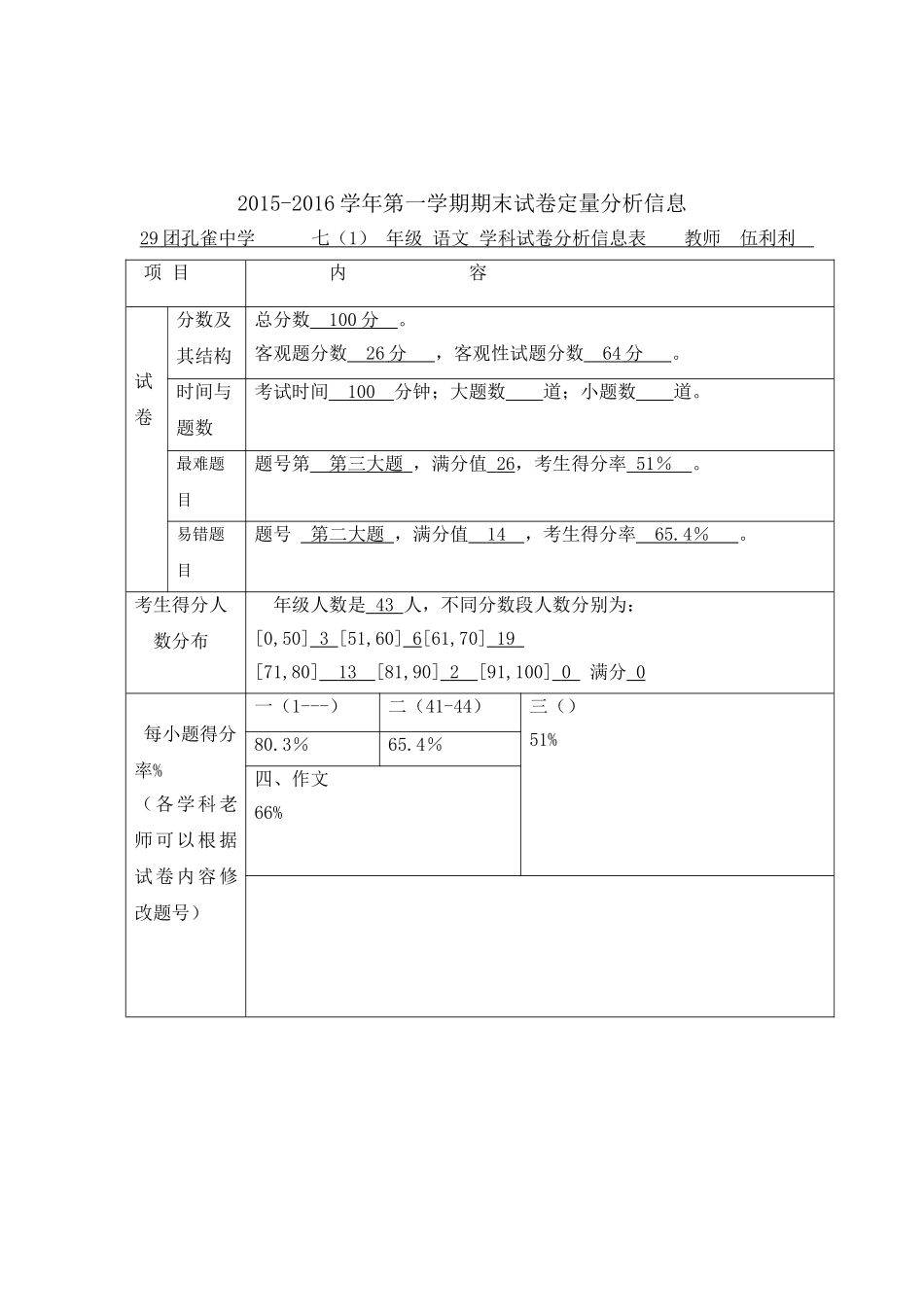 伍利利七年级语文试卷定性定量分析_第1页