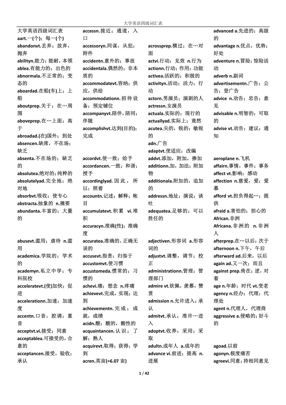 2010年大学英语四级词汇表_第1页