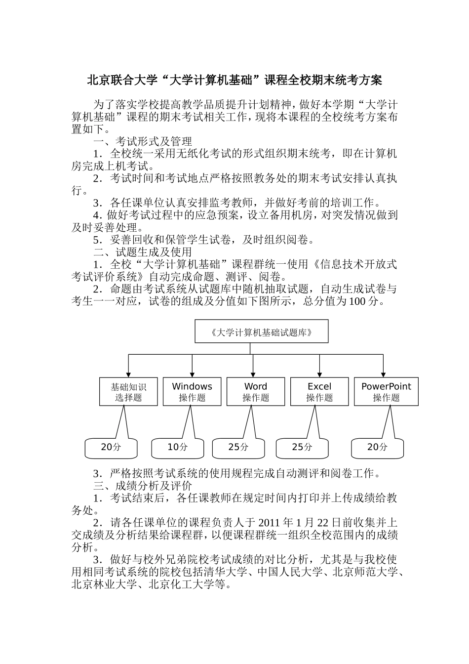 北京联合大学“大学计算机基础”课程全校期末统考方案_第1页