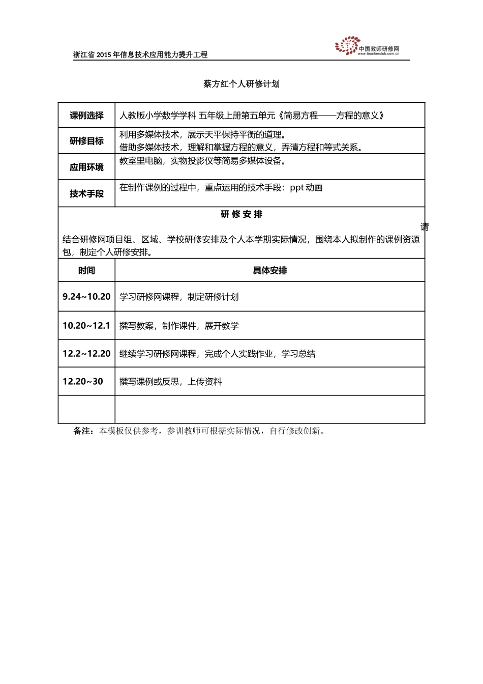 蔡方红个人研修计划_第1页