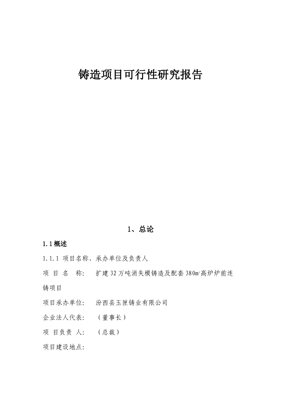 铸造及配套高炉项目可行性研究报告-范本_第1页
