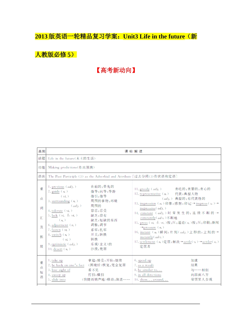 2013版英语一轮精品复习学案：Unit3-Life-in-the-future(新人教版必修5)_第1页