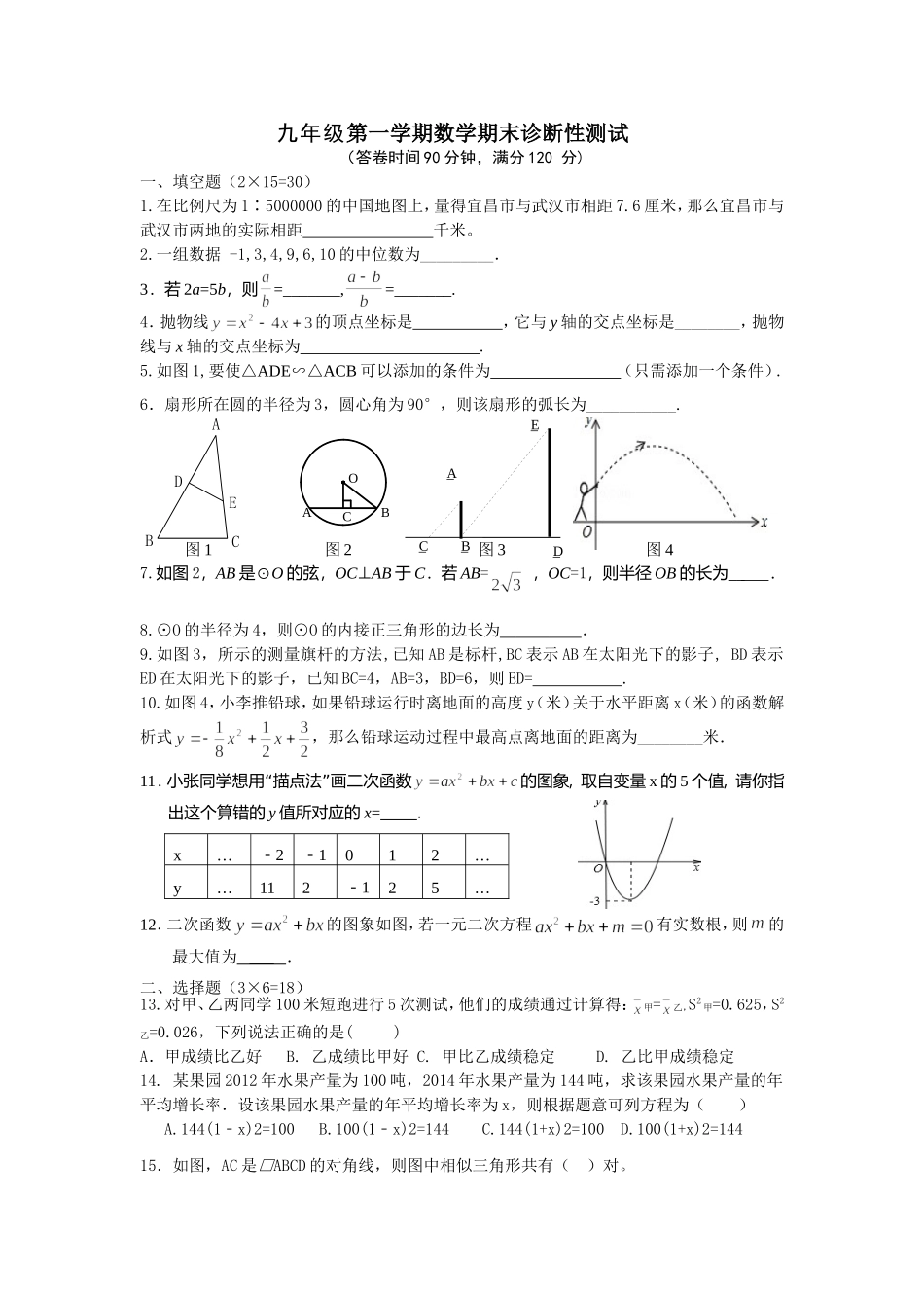 九年级数学期末诊断性测试卷_第1页
