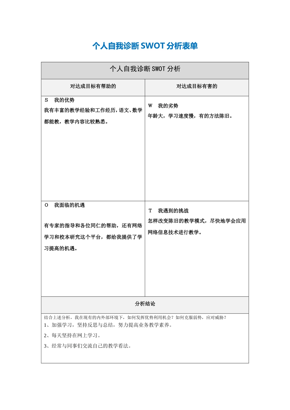 胡金琴的个人自我诊断SWOT分析表_第1页
