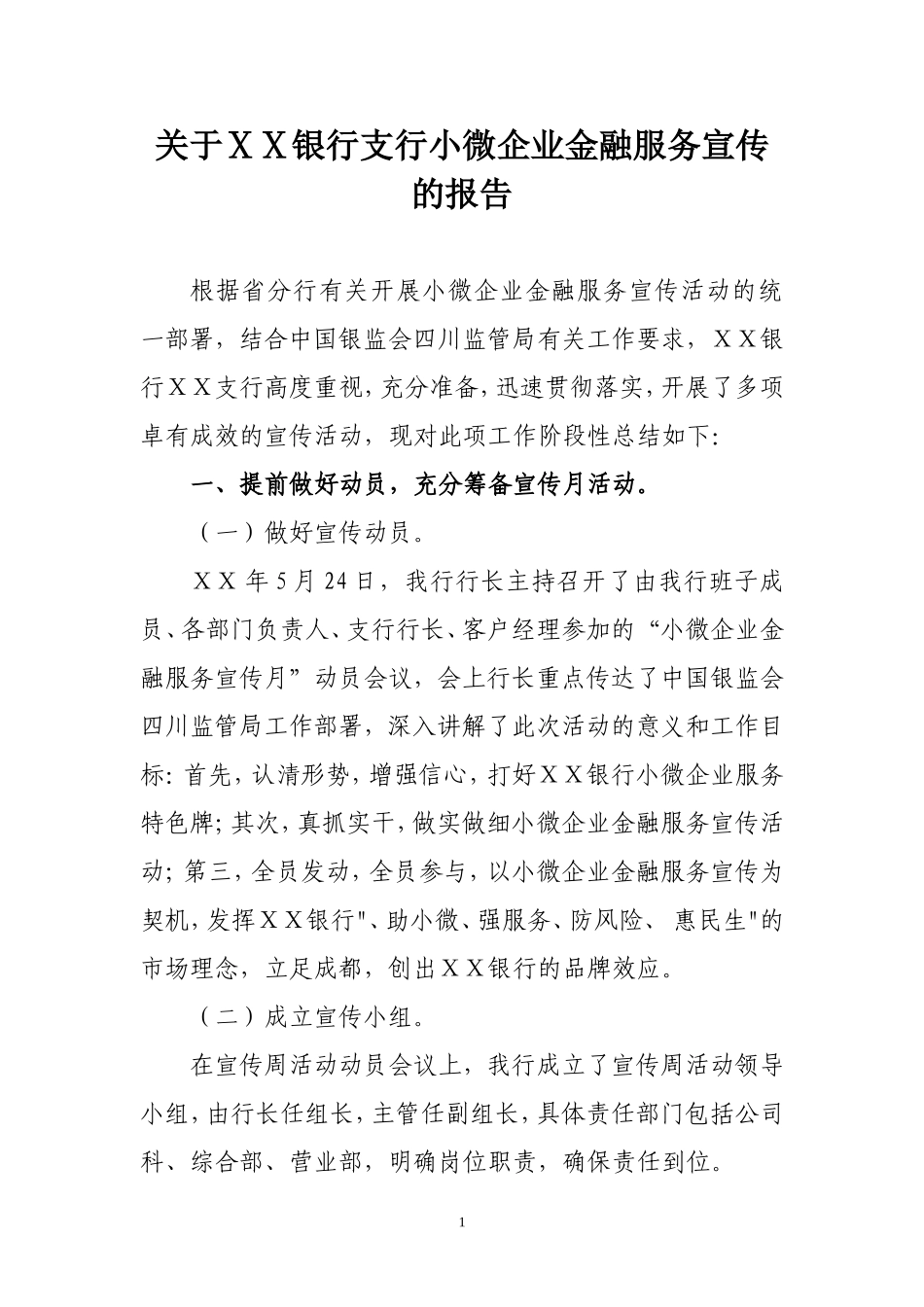 银行支行小微企业金融服务宣传的报告_第1页