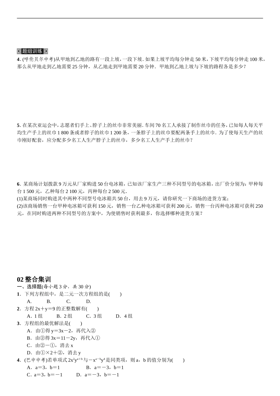 课后作业：期末复习(四)二恶元一次方程组_第2页