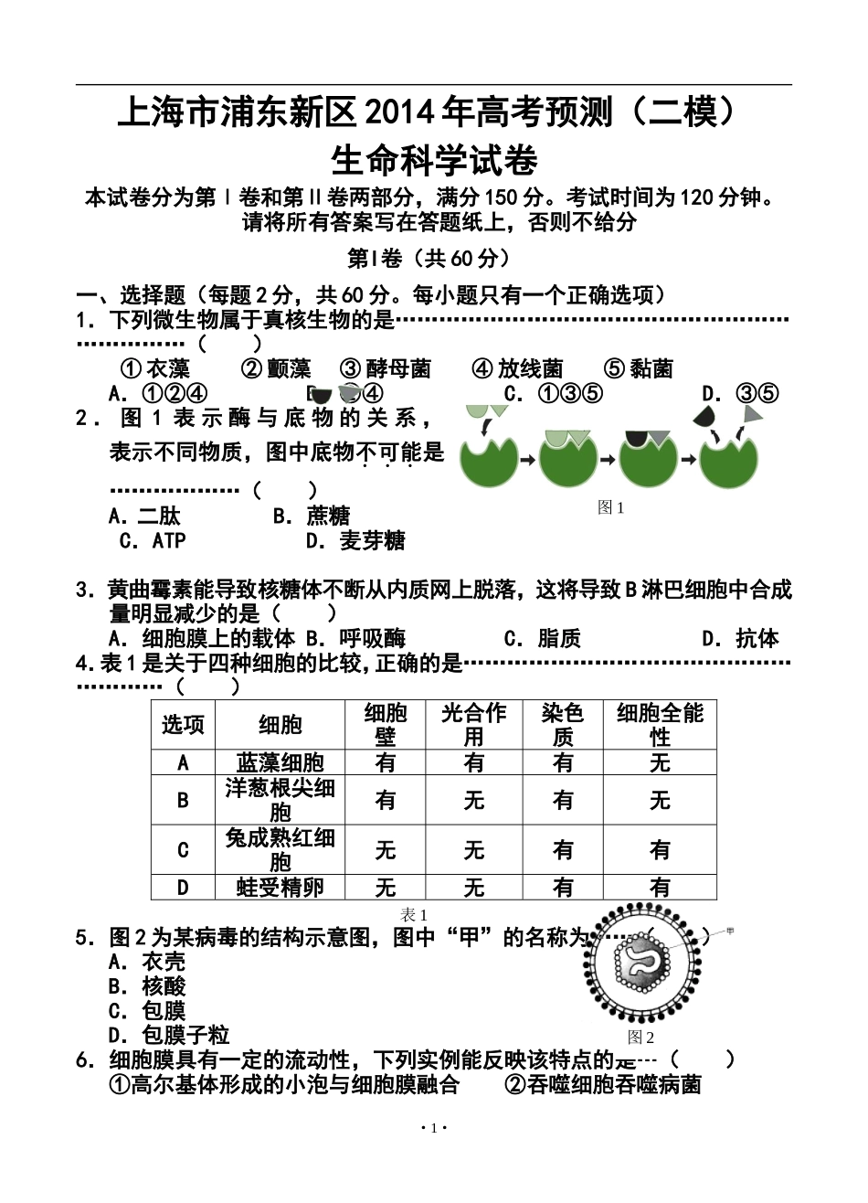 2014届上海市浦东新区高三下学期4月二模考试生物试题及答案_第1页
