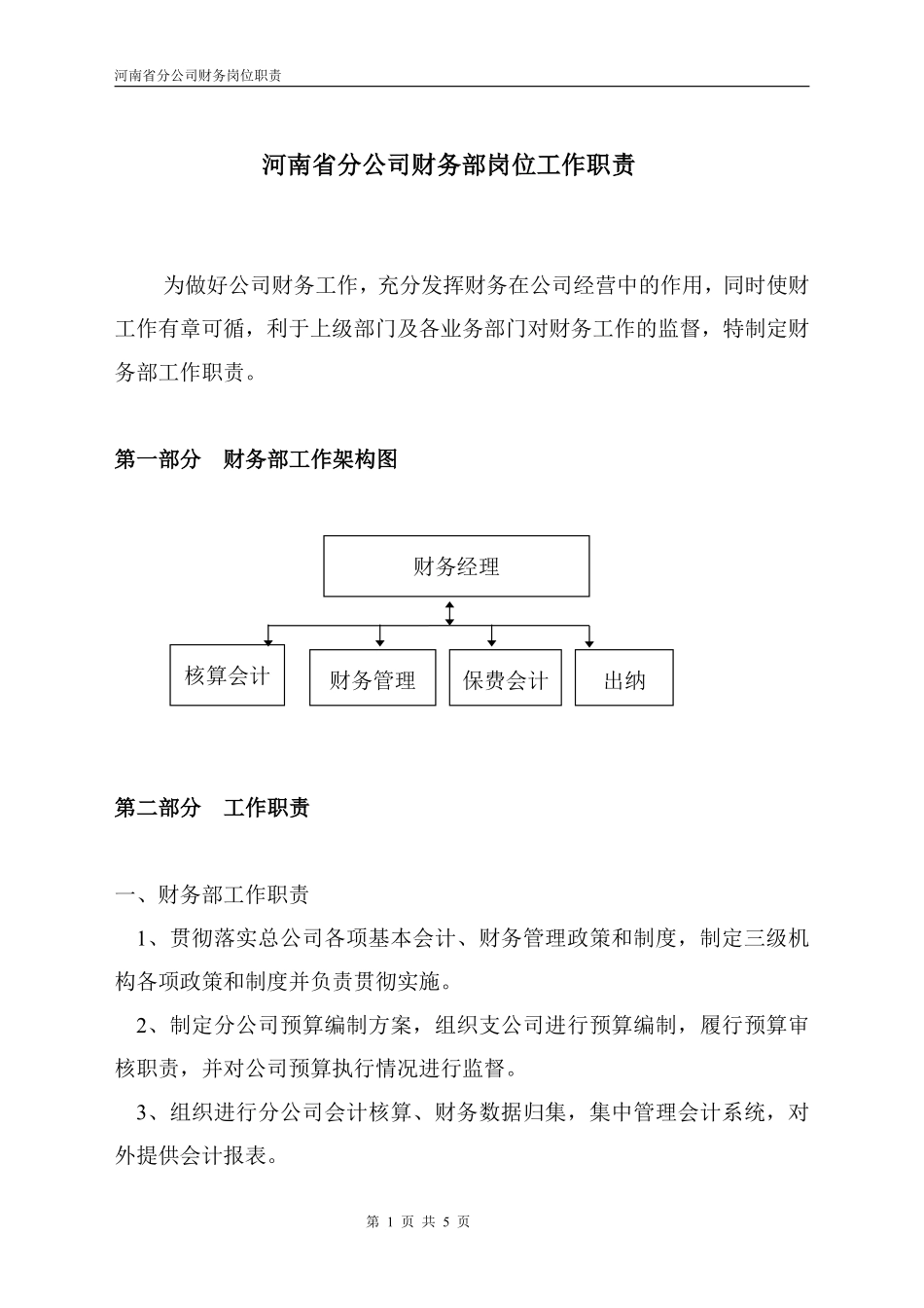 财务部岗位职责--保险公司省级分公司_第1页