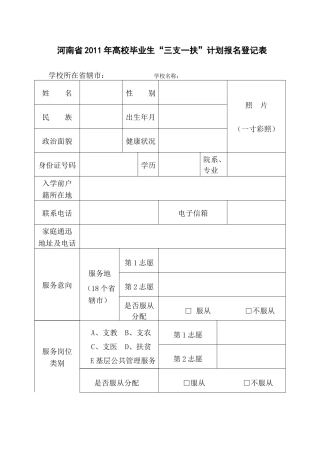 河南省三支一扶登记表
