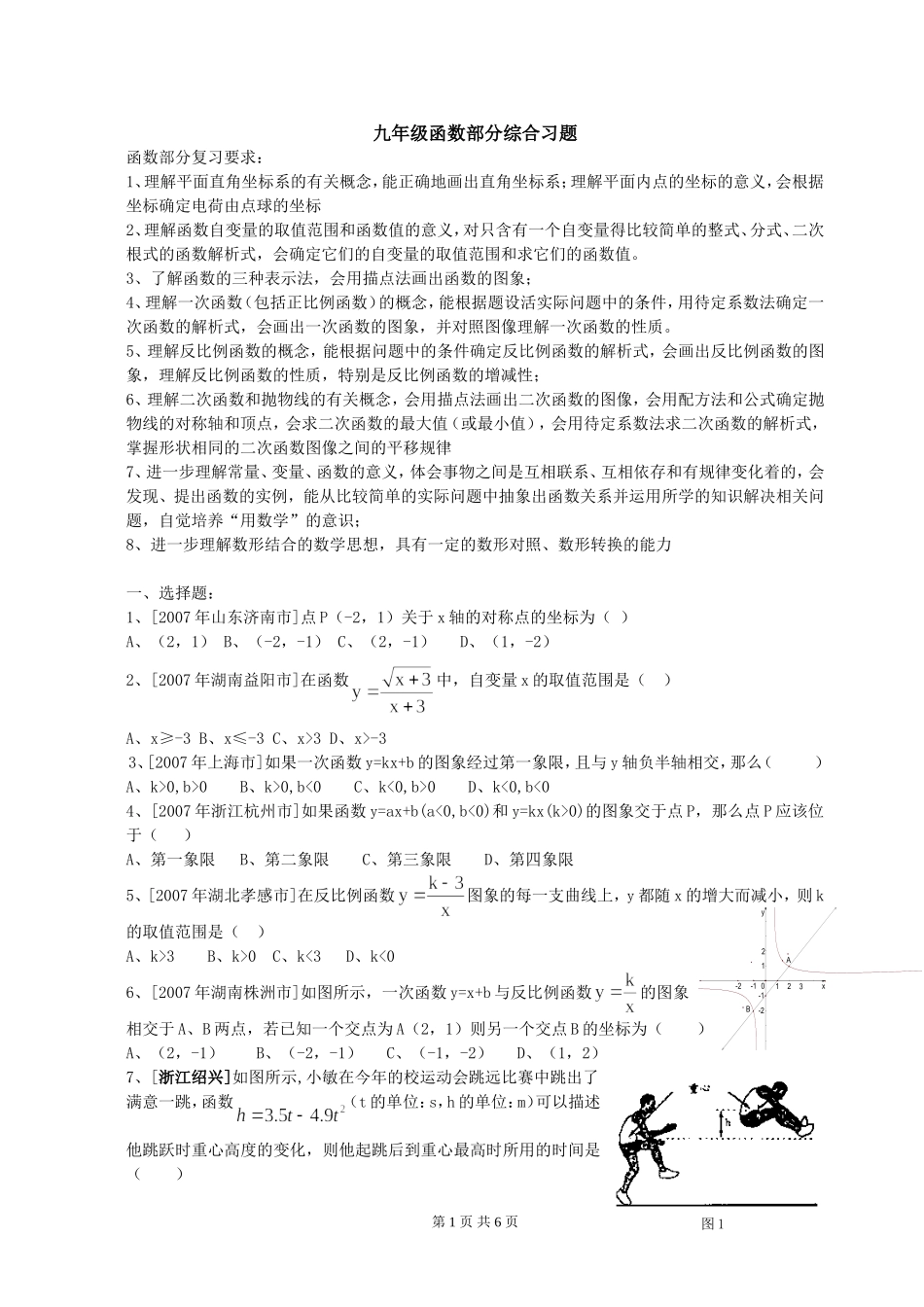 九年级函数部分综合习题_第1页