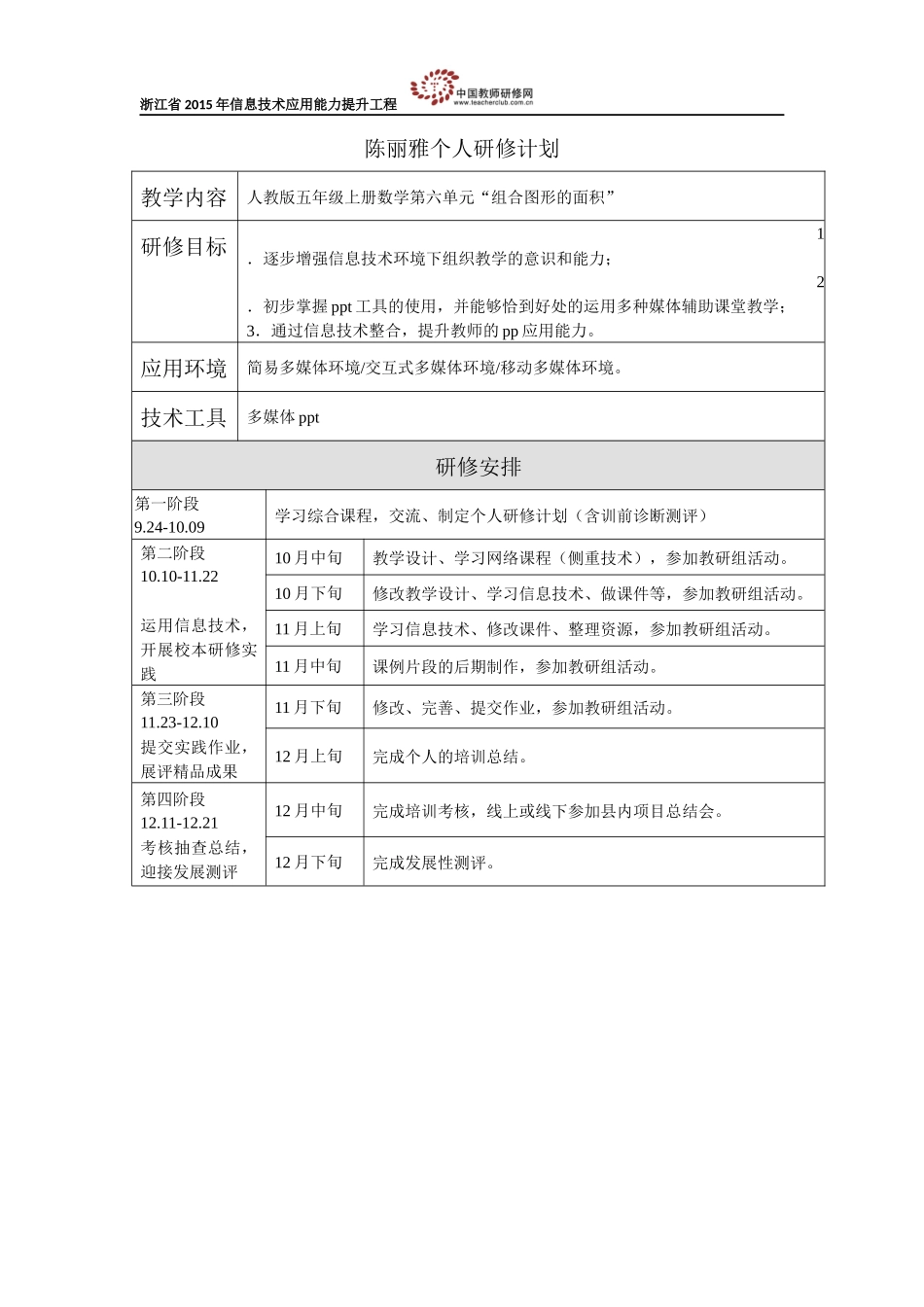 陈丽雅个人研修计划模板(1)_第1页