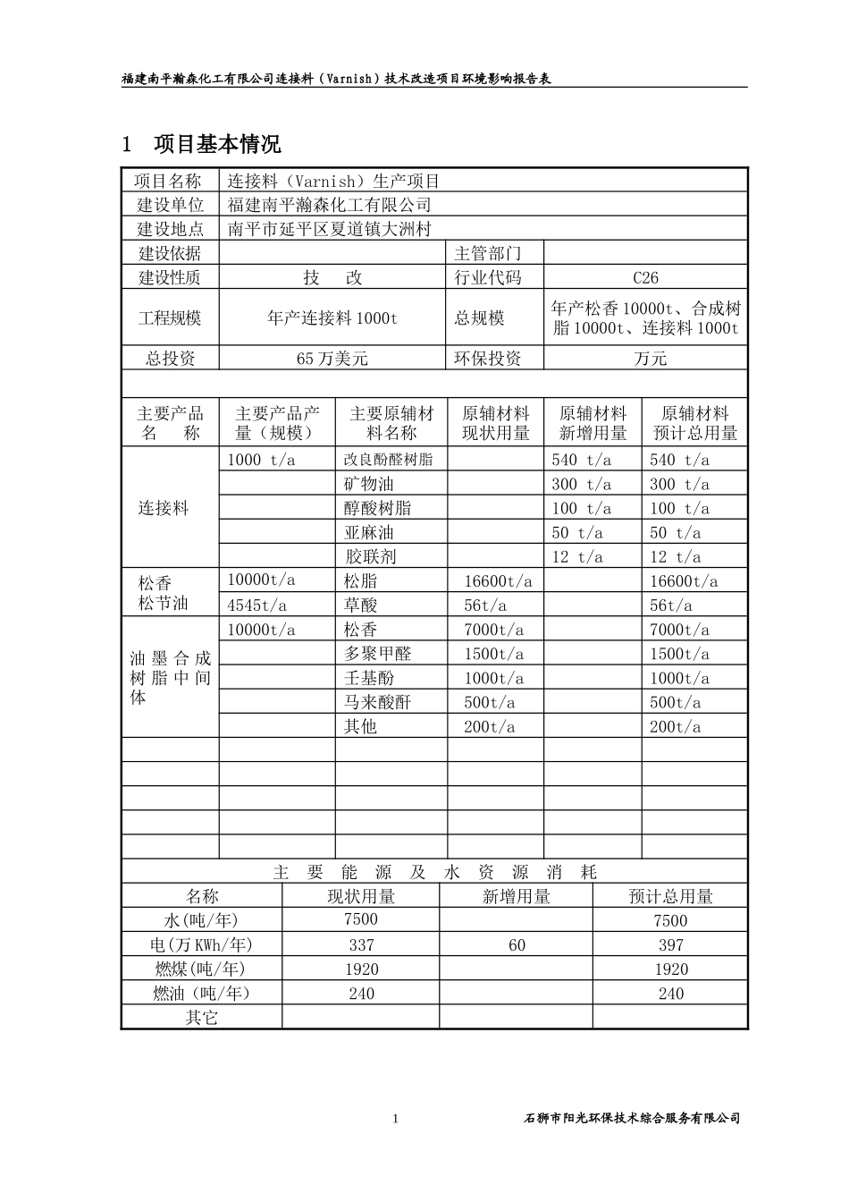 福建南平瀚森化工有限公司连接料(Varnish)技术改造项目环境影响报告表_第1页