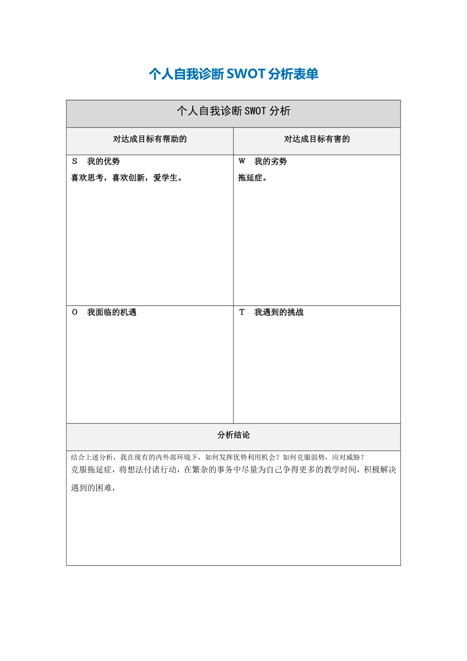 巩俊俏个人自我诊断SWOT分析表_第1页