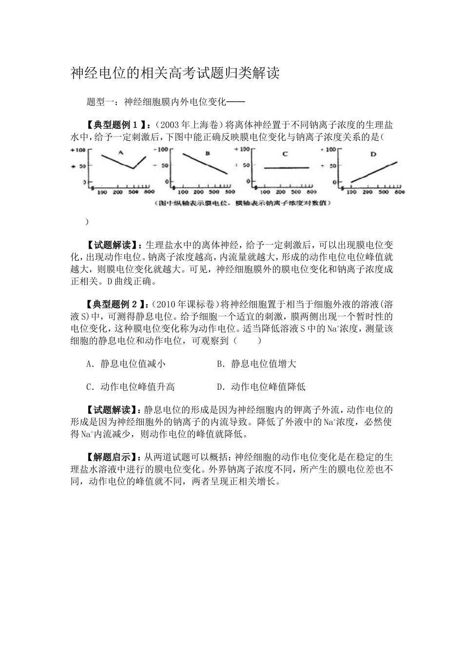 神经电位的相关高考试题归类解读_第1页