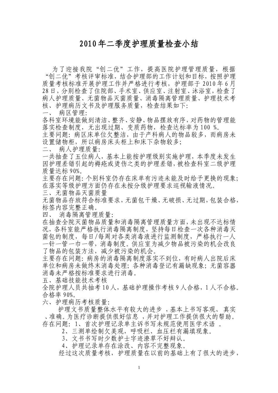2010年二季度护理质量检查小结_第1页