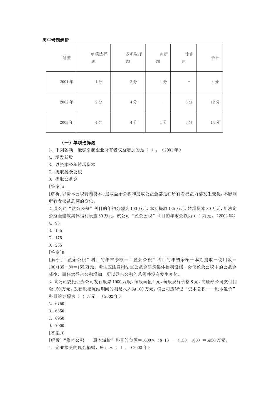 财务会计《所有者权益》历年考题解析_第1页