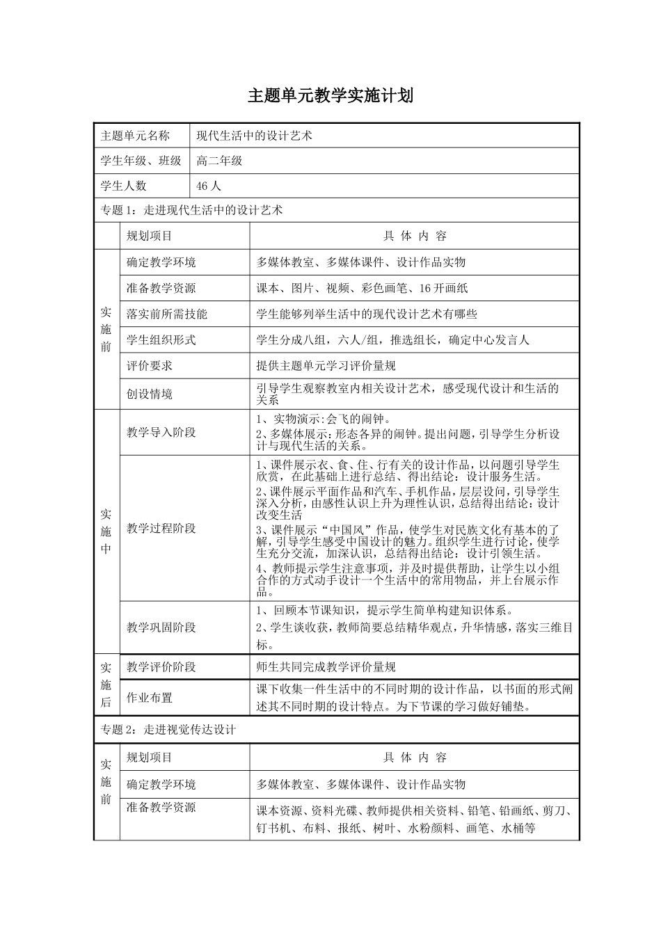 现代生活中的设计艺术主题单元教学实施计划_第1页