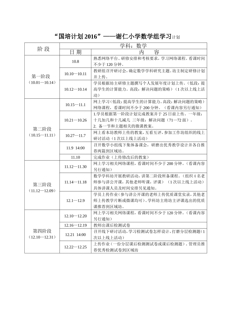谢仁小学数学组研修计划_第1页